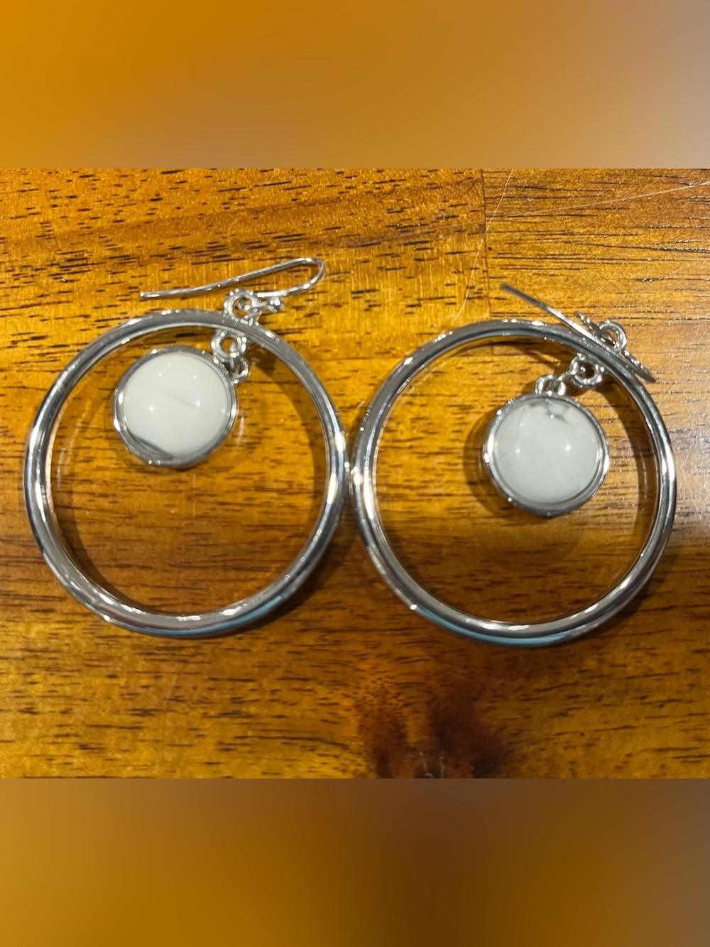 Silver Hoop Earrings with White Stone Drop
